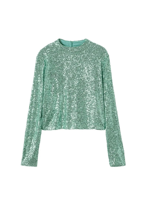 GREEN SEQUIN LONG-SLEEVED TOP