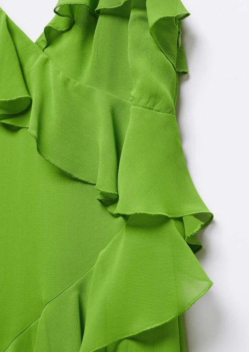GREEN ASYMMETRIC RUFFLED MIDI DRESS