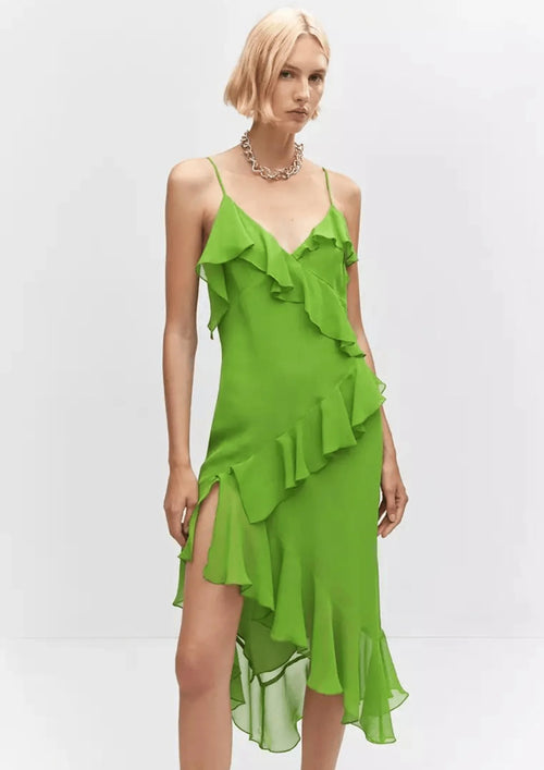 GREEN ASYMMETRIC RUFFLED MIDI DRESS