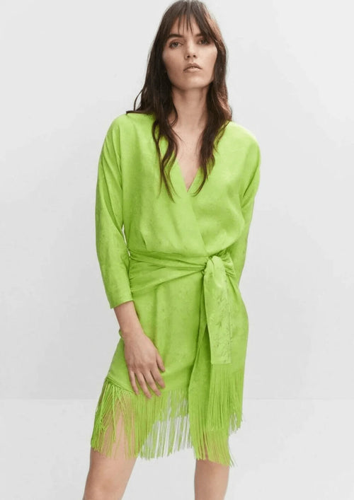 GREEN JACQUARD FRINGED DRESS