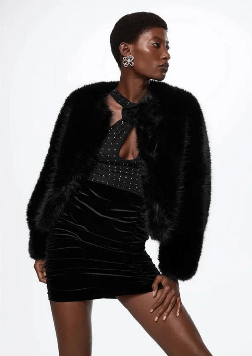 BLACK RUFFLED VELVET MINI SKIRT
