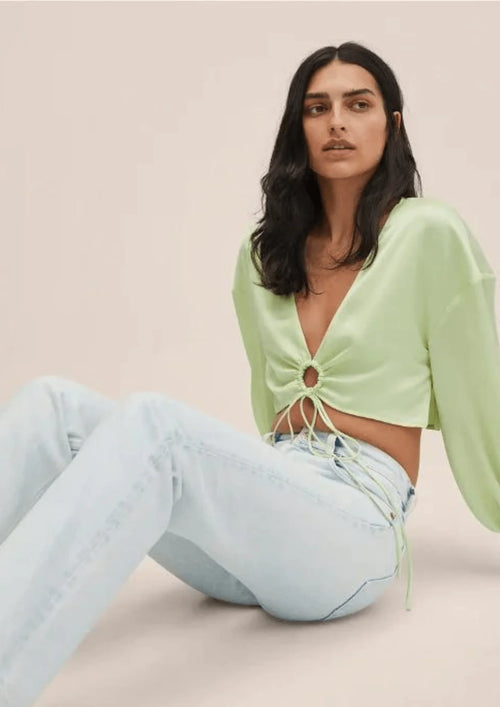 GREEN SATIN CROP BLOUSE