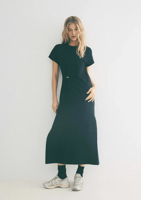 NAVY ROSA SCULPTING MIDI DRESS