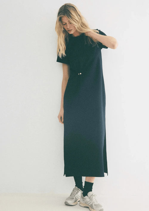 NAVY ROSA SCULPTING MIDI DRESS