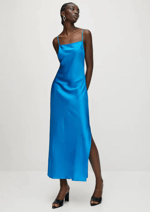 BLUE SATIN MIDI DRESS