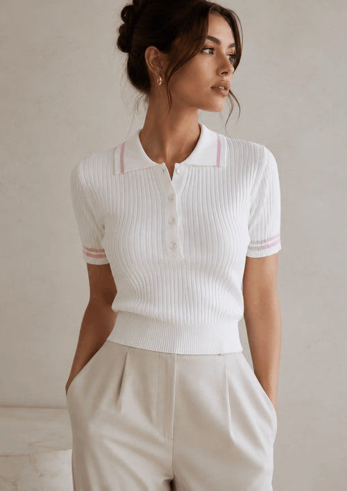 WHITE CECE POLO KNIT TOP