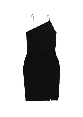 BLACK ASYMMETRIC THIN STRAP MINI DRESS