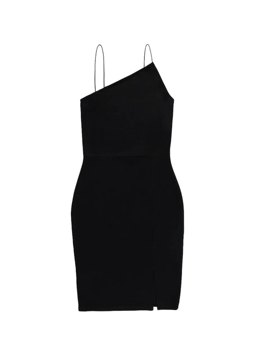 BLACK ASYMMETRIC THIN STRAP MINI DRESS