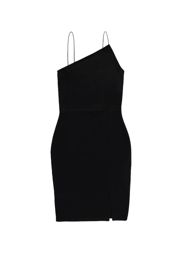 BLACK ASYMMETRIC THIN STRAP MINI DRESS