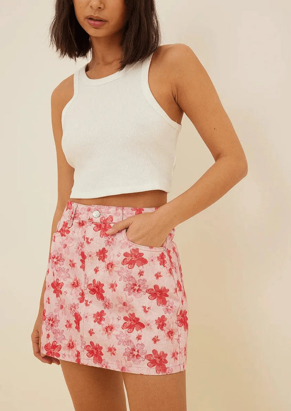 PINK FLORAL DENIM MINI SKIRT