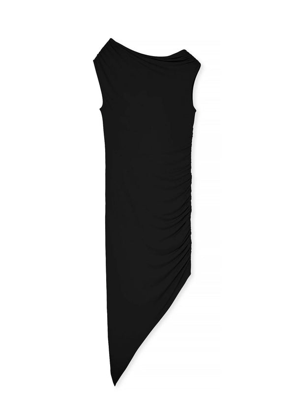 BLACK ASYMMETRIC HEM MIDI DRESS