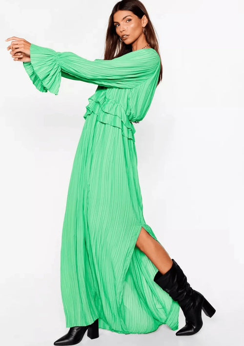 GREEN MAXI DRESS WITH SPLIT LEG