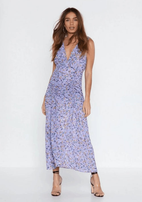 Violettes langes florales gedrucktes Kleid