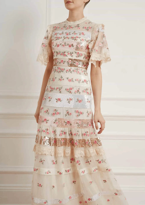 FLORAL PRINTED TULLE GOWN