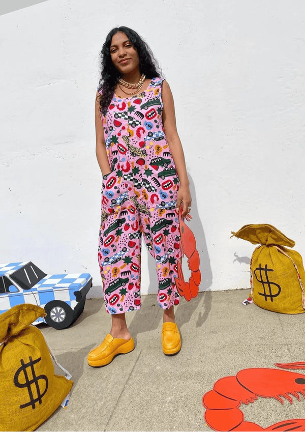 PINK LINEN PRINTED JUMPSUIT