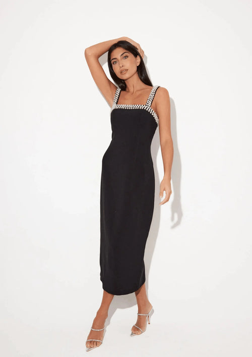 BLACK PEARL TRIM MIDI DRESS