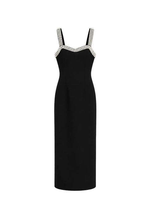 Black Pearl Trim Midi Dress