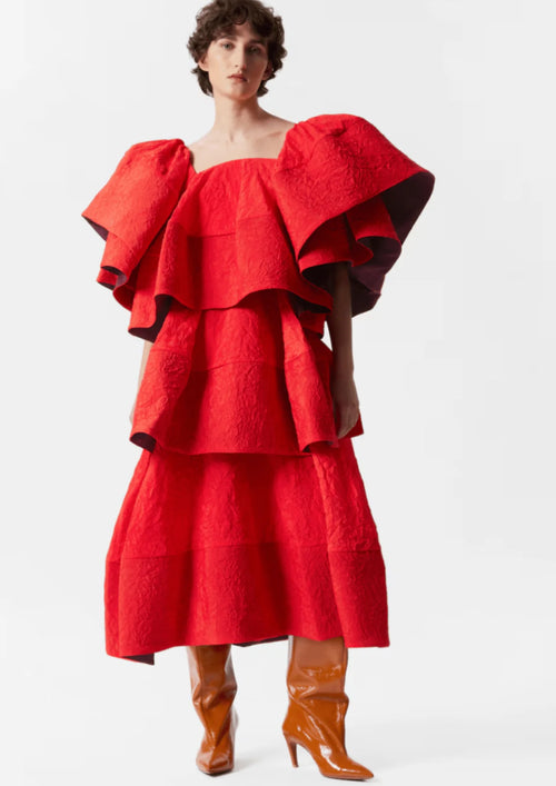 RUFFLED JACQUARD MIDI DRESS