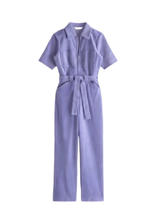 PURPLE BELTED CORDUROY JUMPSUIT