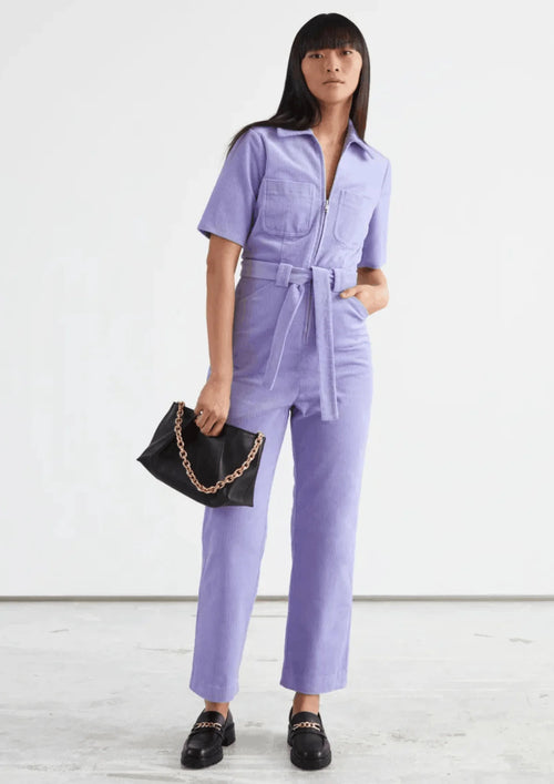 PURPLE BELTED CORDUROY JUMPSUIT