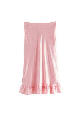 JUPE MIDI VOLANTS ROSE CLAIR