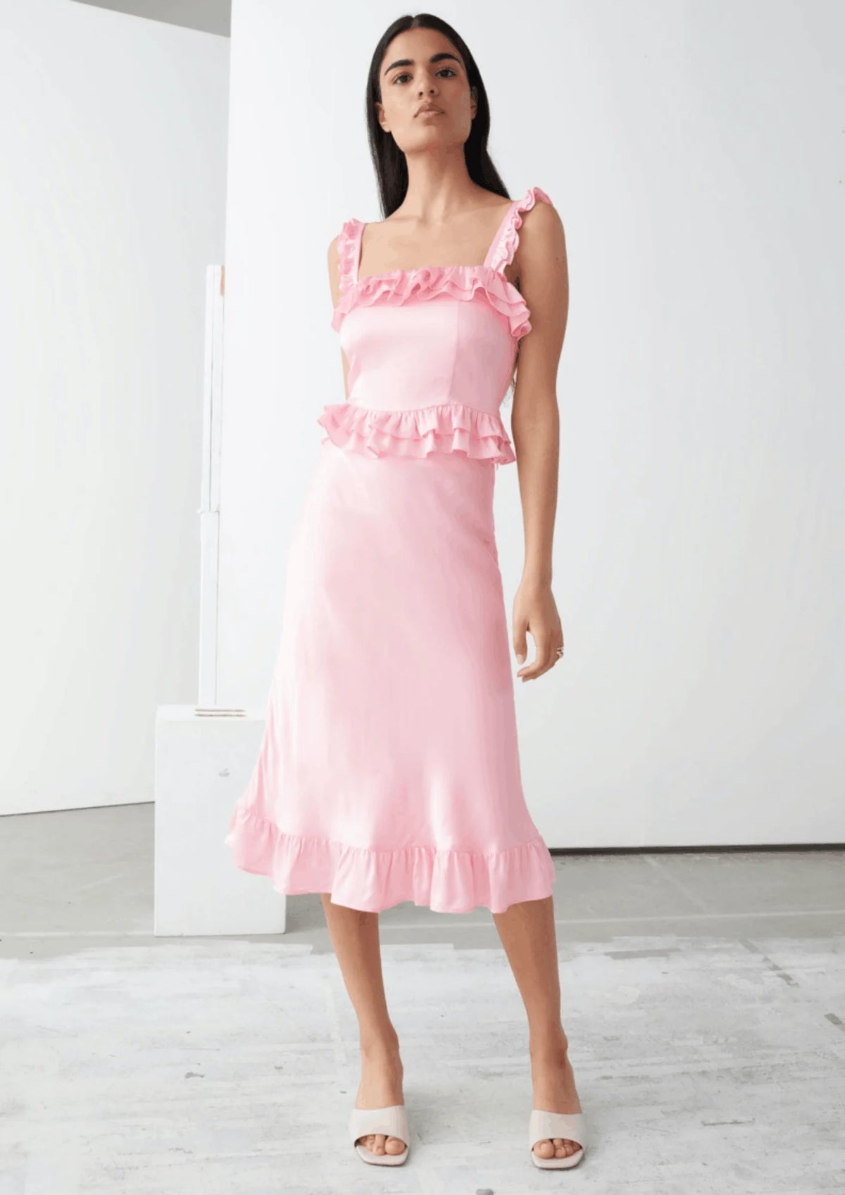 JUPE MIDI VOLANTS ROSE CLAIR