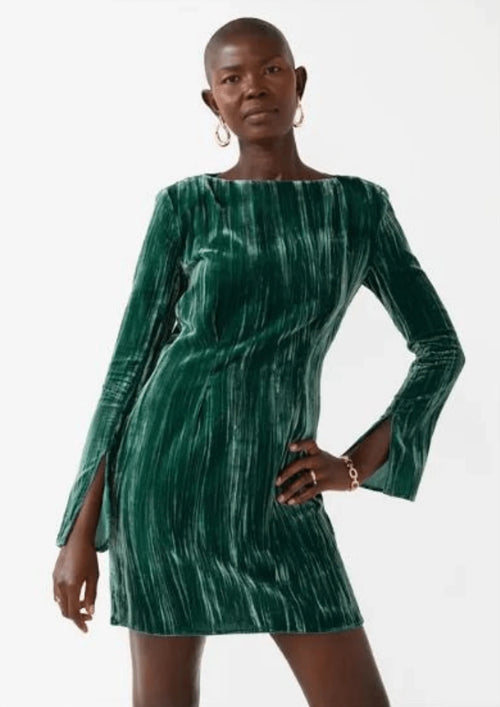DARK GREEN TEXTURED VELVET DRESS