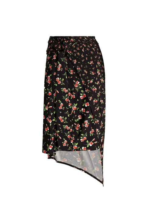 JUPE ASYMÉTRIQUE À MOTIF FLEURI NOIR