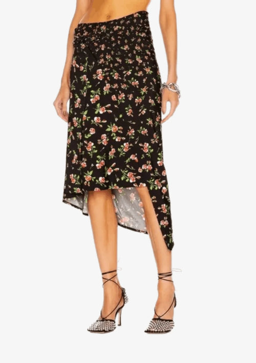 JUPE ASYMÉTRIQUE À MOTIF FLEURI NOIR