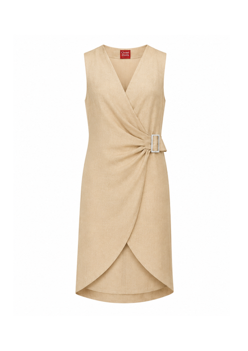 BEIGES LEINEN-MIDIKLEID