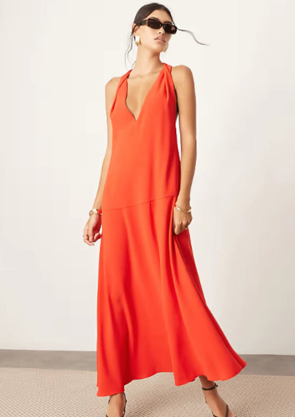 ROBE LONGUE ROUGE À TAILLE BASSE