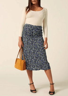 JUPE MIDI MARINE À FLEURS