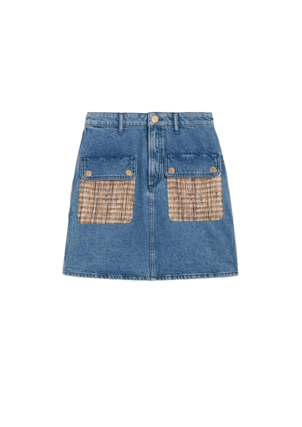 DENIM SKIRT WITH TWEED POCKETS