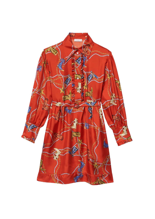 RED BELTED PRINTED SHIRT DRESS