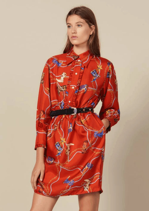 RED BELTED PRINTED SHIRT DRESS