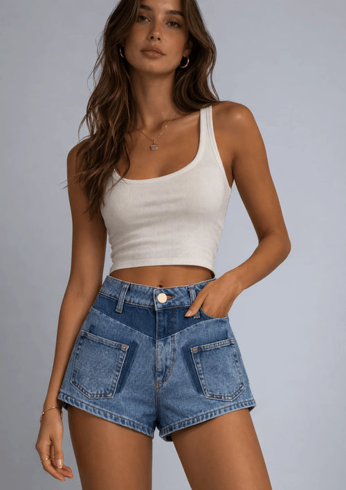 BI-COLORED DENIM SHORTS