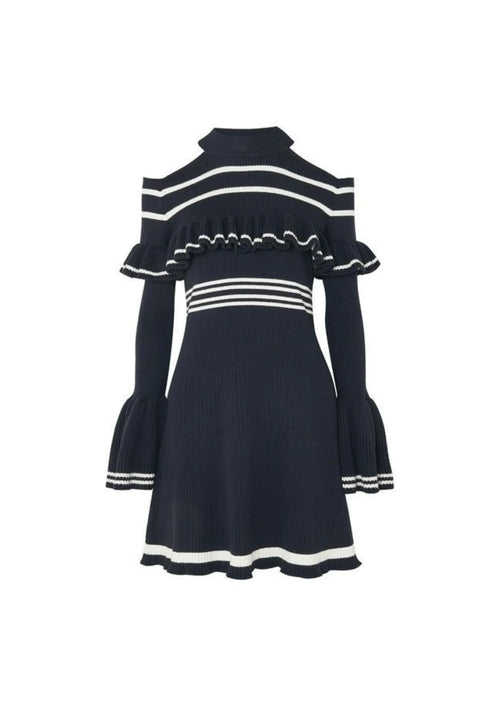 ROBE À VOLANTS CÔTELÉE BLEU MARINE