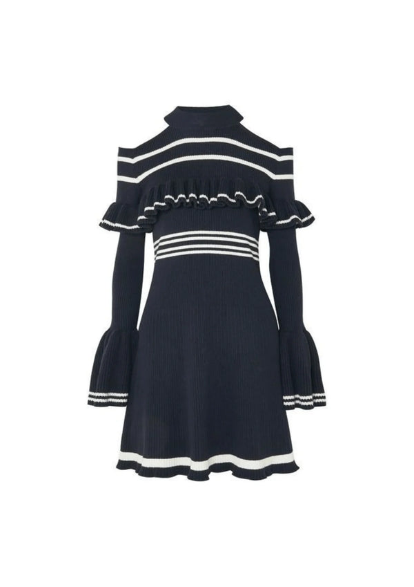 NAVY RIBBED RUFFLED DRESS