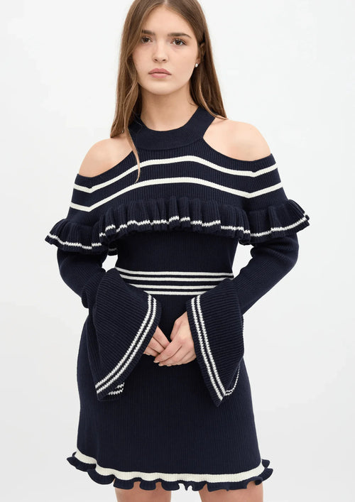 MARINEBLAUES GERIPPTES KLEID MIT RÜSCHEN