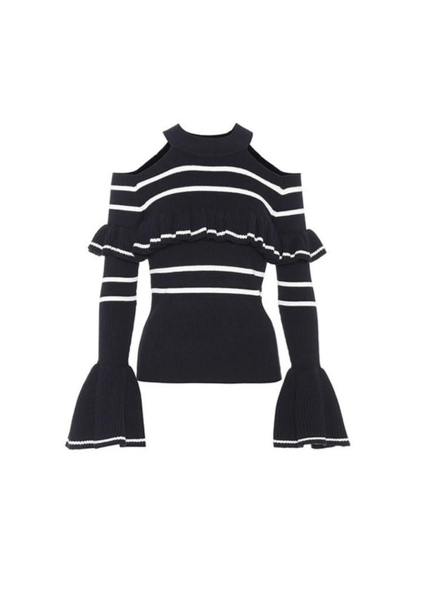 NAVY RUFFLED STRIPED SWEATER