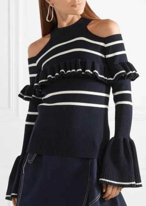 MARINEBLAUER PULLOVER MIT RÜSCHEN UND GESTREIFT