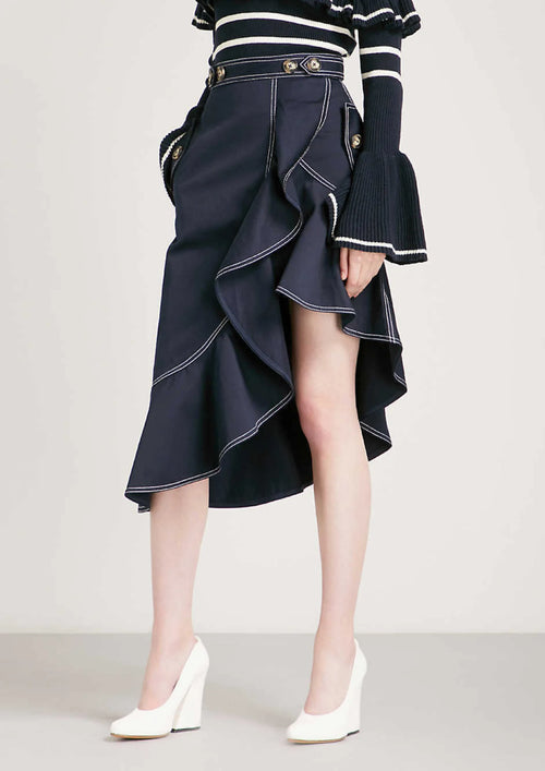 NAVY ASYMMETRIC MIDI SKIRT