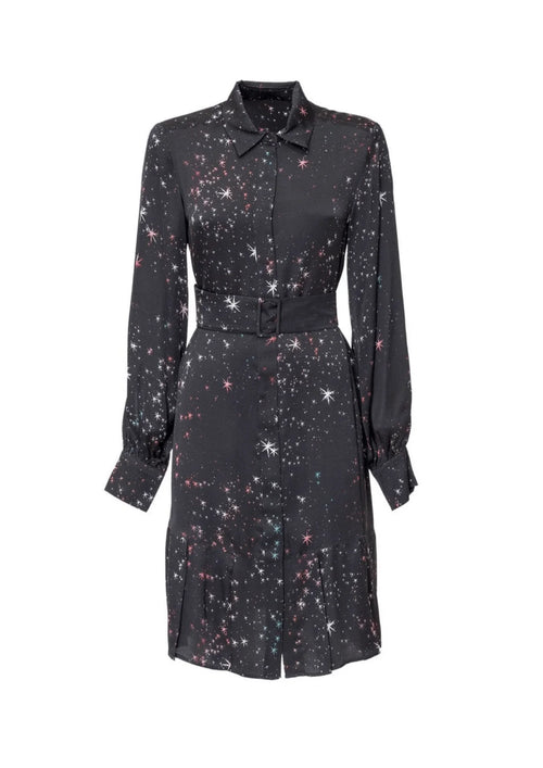 Schwarz bedrucktes Kleid mit Gürtel