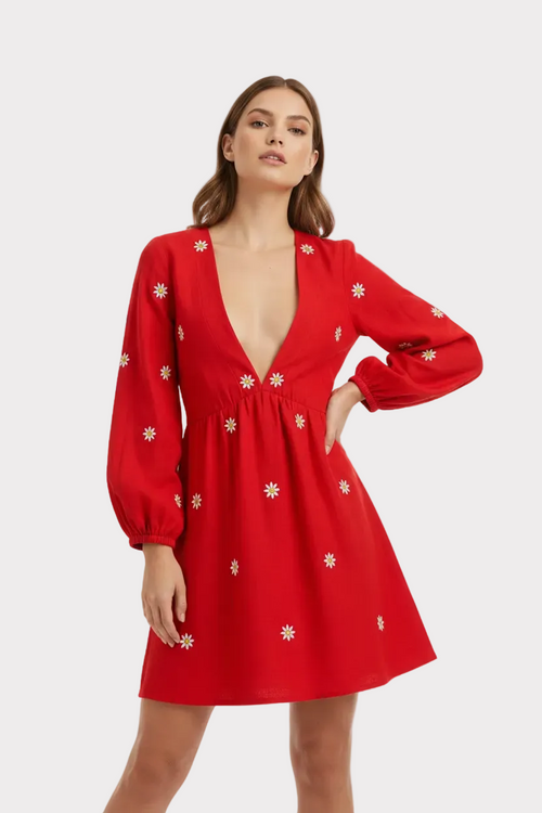 RED EMBROIDERED DAISY DRESS