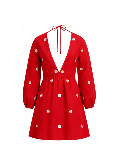RED EMBROIDERED DAISY DRESS