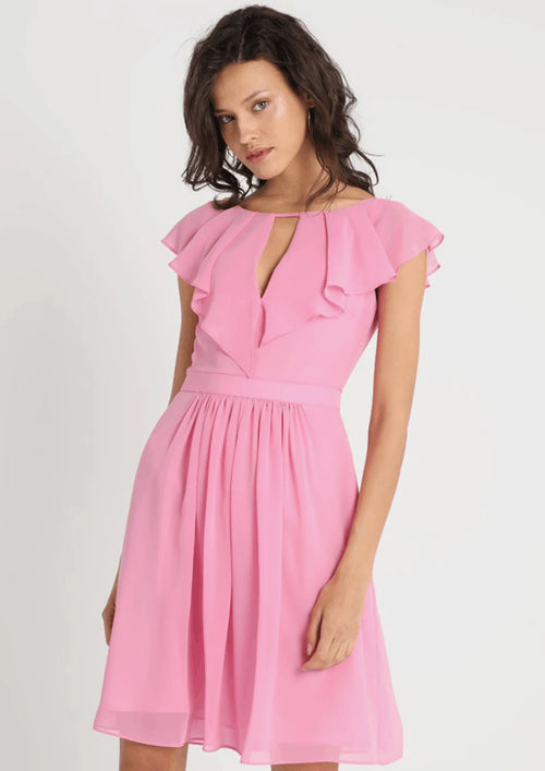 PINK DRESS WITH RUFFLED COLLAR