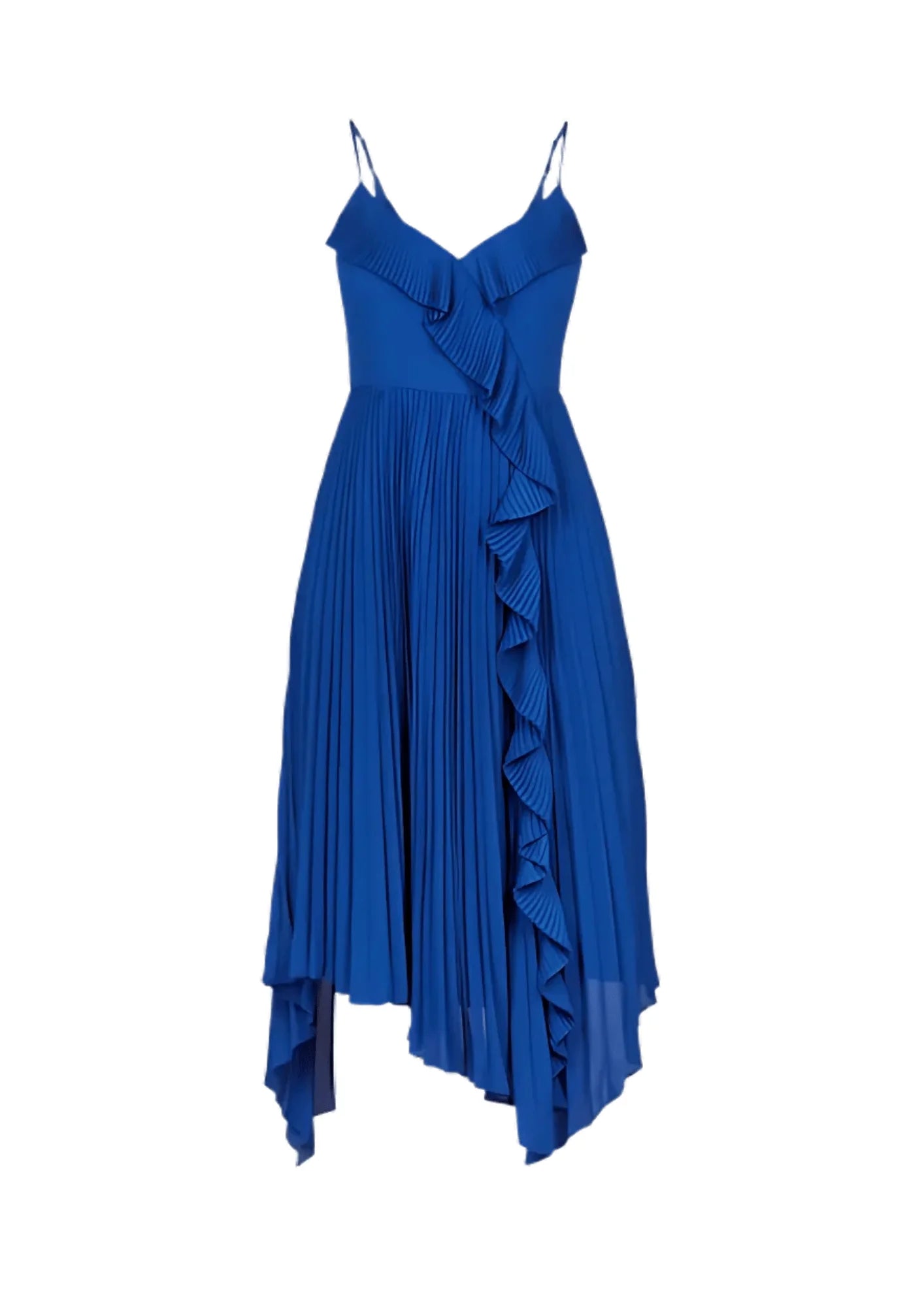 BLUE PLEATED DRESS WITH VOLANTS