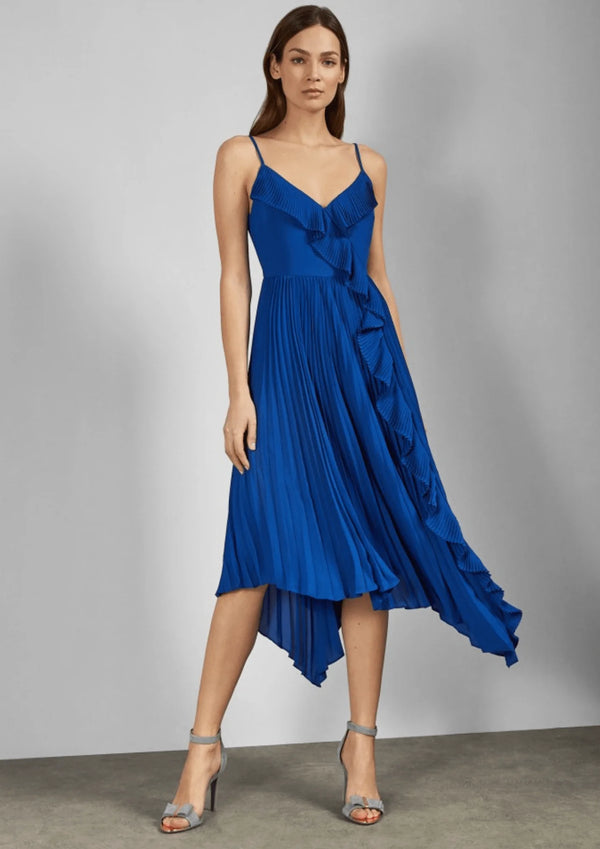 BLUE RUFFLED PLEATED MIDI DRESS