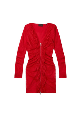 Rotes Spitzenkleid mit silbernem Reißverschluss auf der Vorderseite