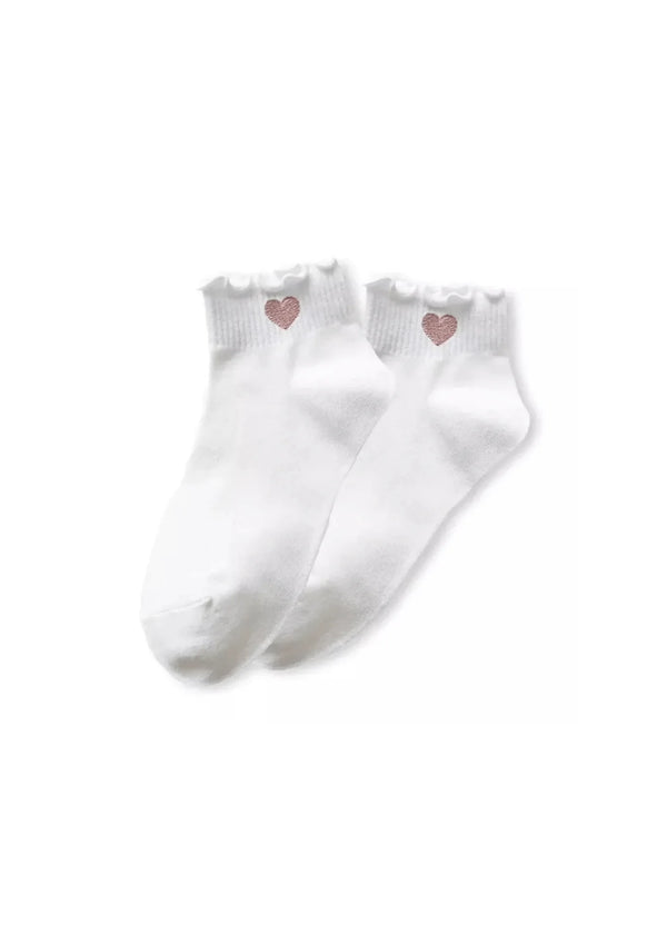 WHITE RUFFLED SOCKS WITH HEART DETAIL